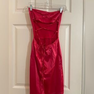 Hot pink strapless tie up back mini dress